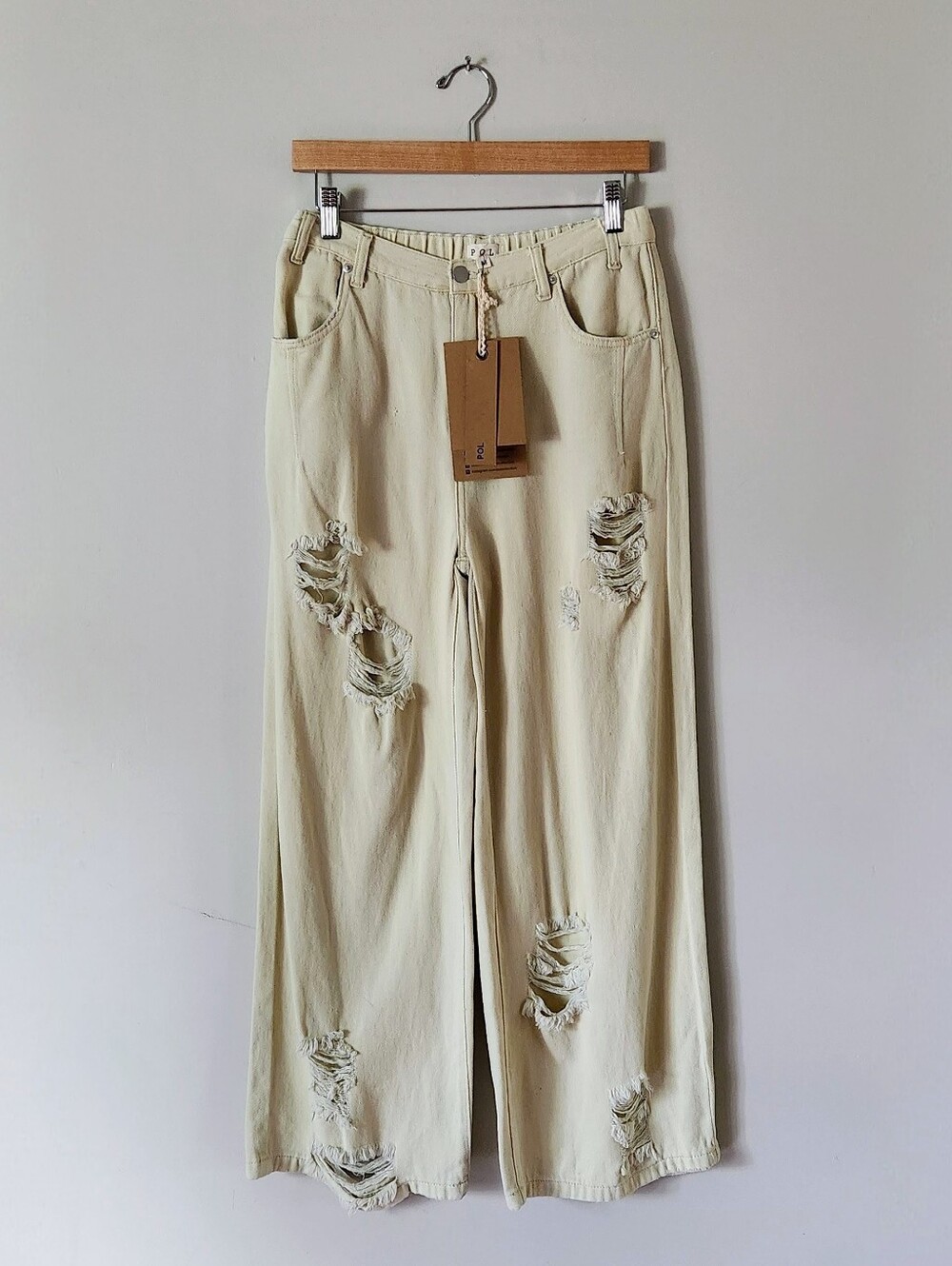 Pol Clothing Distressed Wide Leg Cream Jeans Sz M